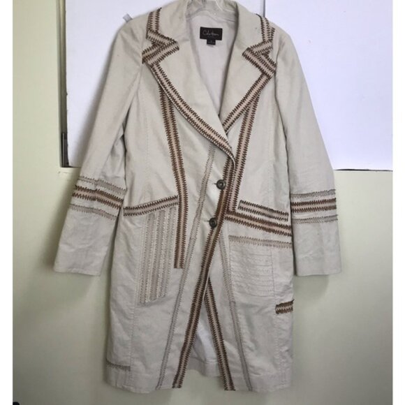 Cole Haan Cotton Lambskin Leather Detail Boho Trench Coat Jacket Fitted Pockets - Picture 2 of 16